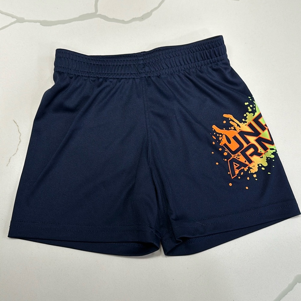 Under armour boys athletic shorts navy blue paint splash size 2T green orange